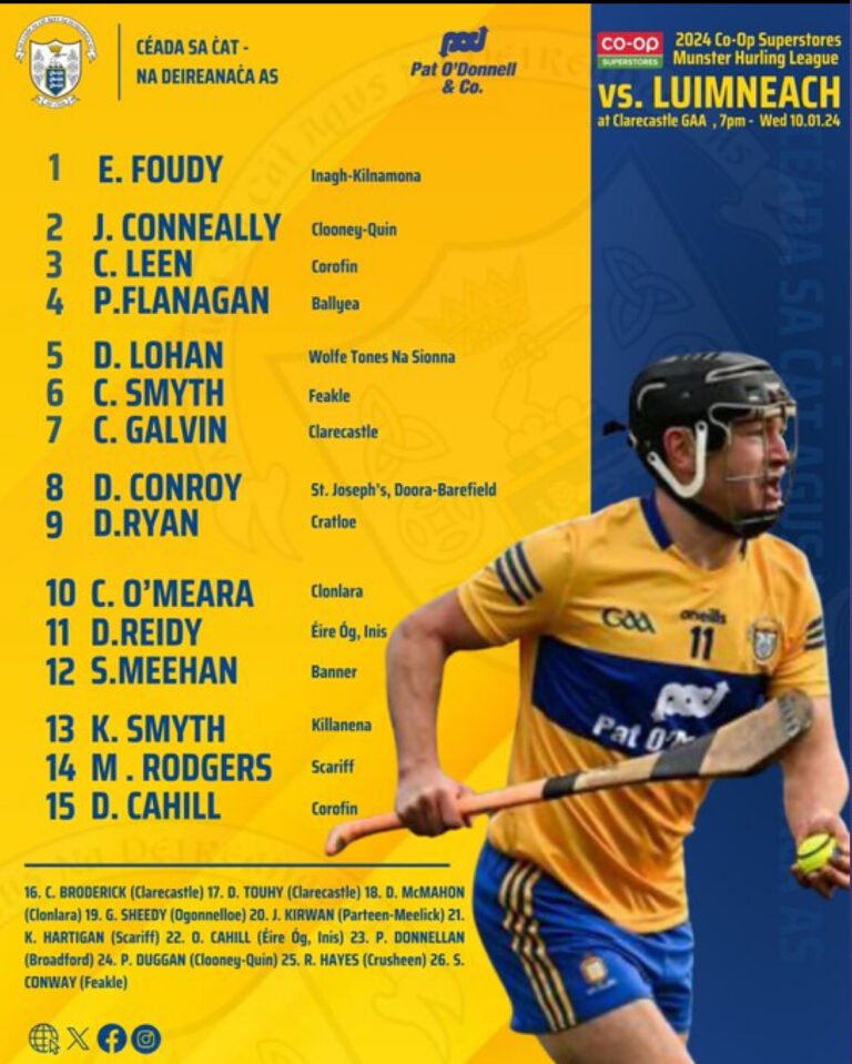 Clare Named Their Senior Hurling Team And Match Panel To Take On 